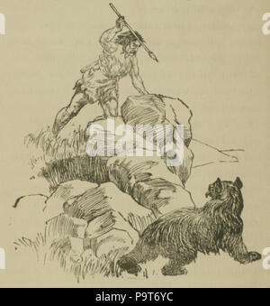 Fran ais Un chasseur attaquant un ours brun. English A hunter