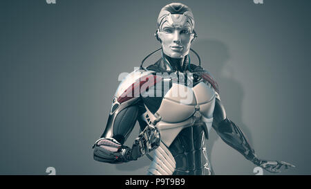 Robot man portrait, 3d realistic cyborg, bluish background Stock Photo