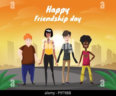 Group of four happy diverse friends walking with city background. Happy  friendship day Stock Vector Image & Art - Alamy