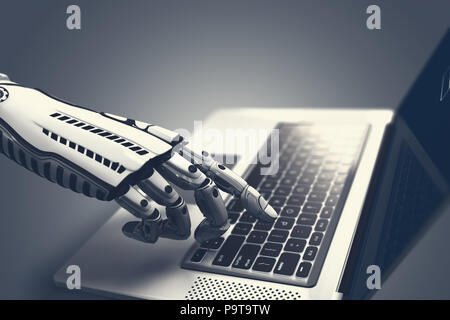 Futuristic robot hand typing and working with laptop keyboard. Mechanical arm with computer. 3d render on white background Stock Photo