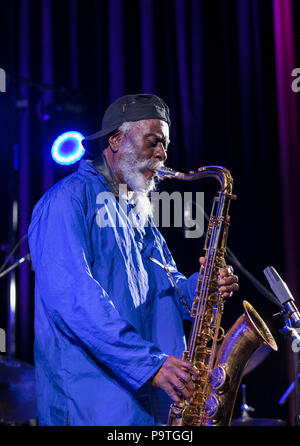 Cracow, Poland - July 12, 2018: Icon of world jazz - Pharoah Sanders the Icon Quartetet live on stage of Kijow.Centre at the Summer Jazz Festival in K Stock Photo