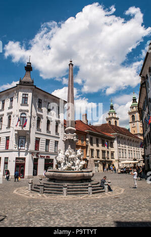 Slovenia: the Robba Fountain, Fountain of the Three Carniolan Rivers made in 1751 by the Italian Francesco Robba, in front of Ljubljana Town Hall Stock Photo