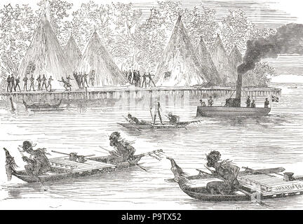 Papuans of Humboldt Bay (present day Yos Sudarso Bay), New Guinea, alarmed by the steam launch of HMS Challenger in 1875.  The Challenger expedition of 1872–76 Stock Photo