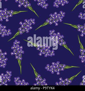 Dark Blue Purple Iris Flower on Navy Blue Background. Vector Illustration. Stock Vector