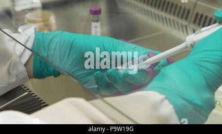 Microbiologist is conducting research and doing tests with biological samples. Scientist Scientist Uses Micropipette Filling Test Tubes in Laboratory. Stock Photo