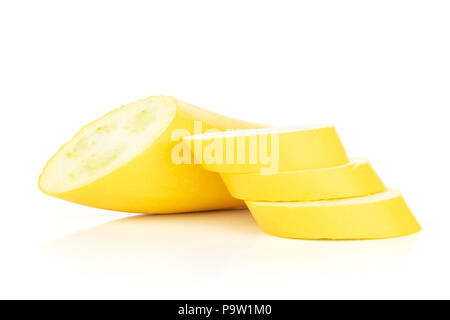 Group of one half three slices of raw yellow zucchini isolated on white Stock Photo