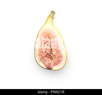 One fig sliced half with rose flesh isolated on white background top view ripe fresh purple green Stock Photo