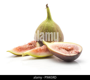 Sliced figs one whole two slices one section half isolated on white background ripe fresh rose flesh Stock Photo