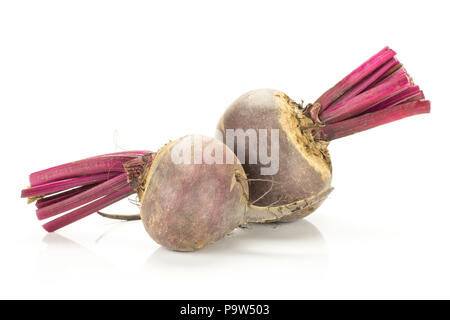 Red beet with cut tops two bulbs isolated on white background Stock Photo