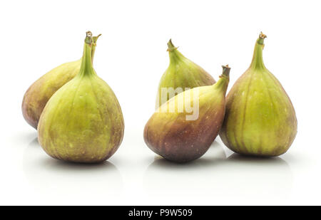 Five figs isolated on white background fresh ripe purple green Stock Photo