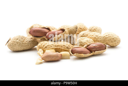 Peanuts heap isolated on white background (open, seeds, in husk, broken pieces, one whole, raw) Stock Photo