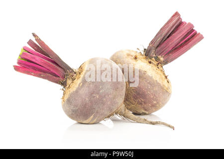 Two red beet young bulbs isolated on white background cut tops Stock Photo