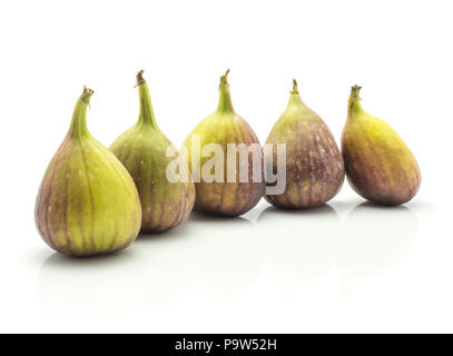 Five figs in row ripe purple green isolated on white background fresh Stock Photo