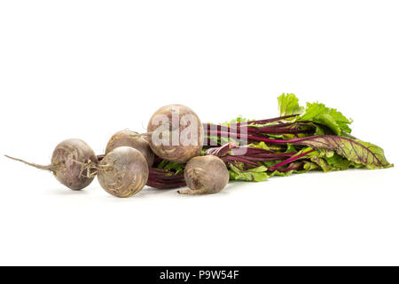 Red beet bundle with greens isolated on white background five bulbs root with fresh young leaves Stock Photo