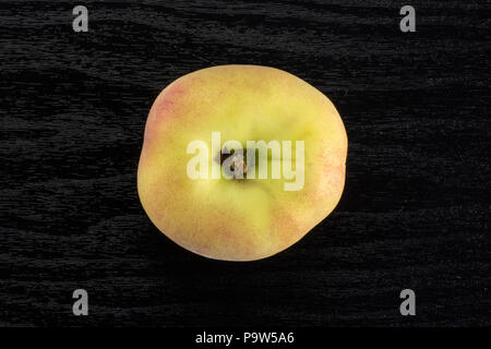 One fresh ripe Saturn peach flatlay on black wood background Stock Photo