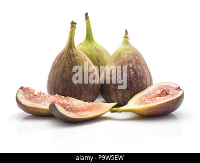 Three figs one half two slices isolated on white background ripe fresh purple green and rose flesh Stock Photo