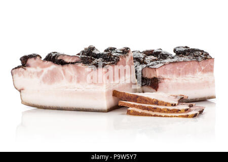 Group of three slices two pieces of english bacon isolated on white Stock Photo