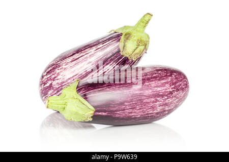 Two striped violet aubergines isolated on white background Stock Photo