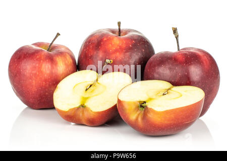 Red delicious three apples with two halves isolated on white background Stock Photo