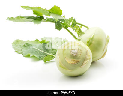 Kohlrabi (German turnip or turnip cabbage) two bulbs with fresh leaves isolated on white background Stock Photo