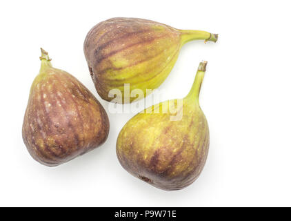 Three figs top view isolated on white background fresh ripe purple green Stock Photo