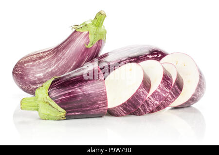 Three striped purple eggplants stack one sliced isolated on white background Stock Photo