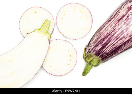 Striped purple eggplants set top view isolated on white background whole one half and sliced three rings Stock Photo