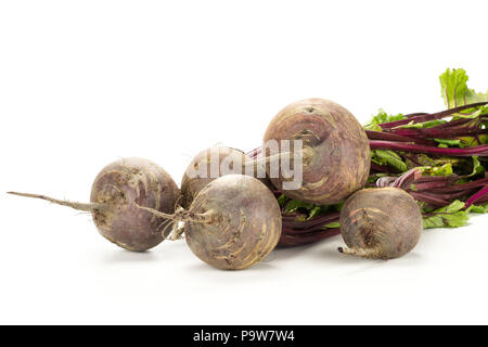 Red beet bundle with greens isolated on white background five bulbs root with fresh leaves Stock Photo
