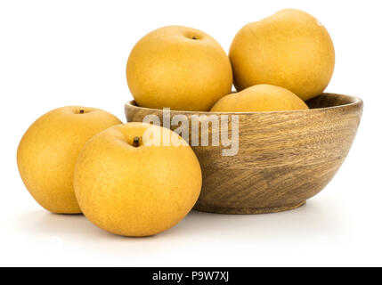 Chinese golden pears in a wooden bowl Nashi variety isolated on white background composition Stock Photo