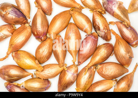 Shallots long onions flatlay isolated on white background Stock Photo
