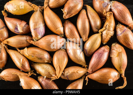 Shallots long onions flatlay isolated on black wood background Stock Photo