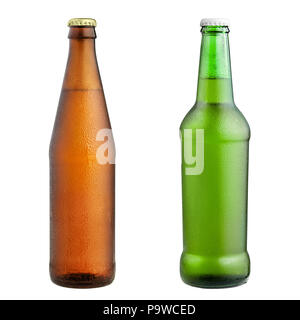 Glass bottle of brown and green color, clipping path, cold beer, Stock Photo