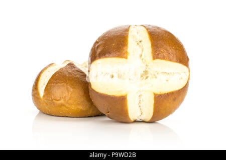 Two bavarian bread buns isolated on white background fresh baked loaves Stock Photo