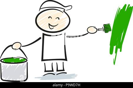 stickman painter with brush and paint bucket  Stock Vector