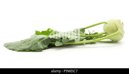 One kohlrabi (German turnip or turnip cabbage) bulb with fresh leaves isolated on white background Stock Photo