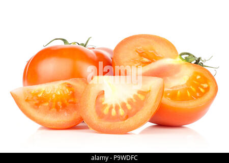 Sliced red tomato set one whole one half and two slices isolated on white background Stock Photo