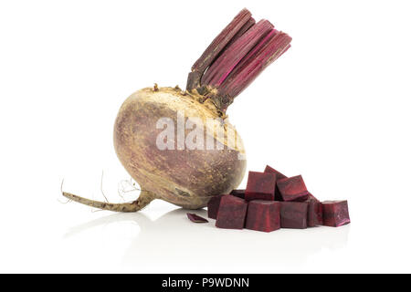 Red beet one bulb and slices cut squared pieces isolated on white background Stock Photo