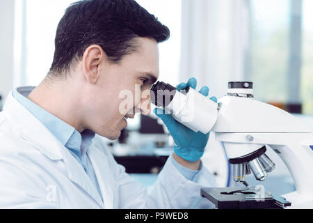 Biological research. Cheerful intelligent handsome scientist sitting at the table and using a microscope while doing a scientific research Stock Photo