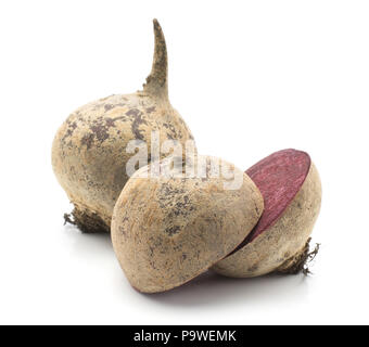 Beetroot (raw red beet) isolated on white background one whole and sliced bulb Stock Photo