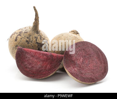 Beetroot (raw red beet) isolated on white background two bulbs sliced ring and a slice Stock Photo
