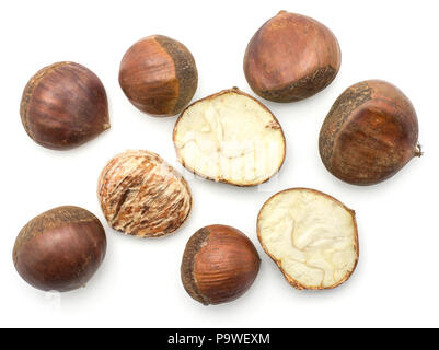 European chestnuts Spanish edible whole halved and peel isolated on white background raw fresh brown nuts top view Stock Photo