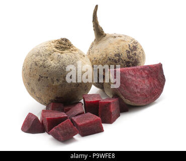 Two beetroot bulbs (raw red beet) and two pieces isolated on white background Stock Photo