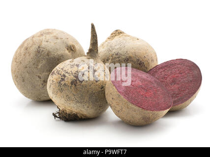 Beetroot (raw red beet) set isolated on white background three bulbs and two sliced halves Stock Photo