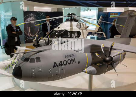 A scale model of the Airbus A400-M transporter aircraft in the company's hospitality chalet at the Farnborough Airshow, on 18th July 2018, in Farnborough, England. Stock Photo
