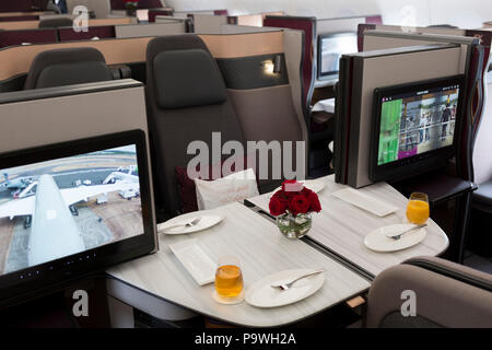 Business Class meals and luxury seating in a Qatar Airways Airbus A350-1000 at the Farnborough Airshow, on 18th July 2018, in Farnborough, England.