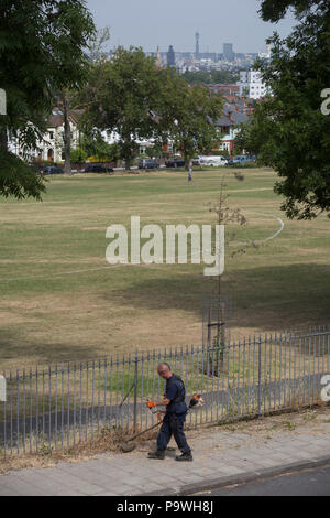 A council contractor uses a strimmer on weeds along the railings of Ruskin Park, on 5th July 2018, in London, England. A council contractor uses a strimmer on weeds along the railings of Ruskin Park, on 5th July 2018, in London, England.
