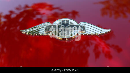 Type plate Oldtimer Morgan Plus 8, logo on bonnet, historic vehicle, Germany Stock Photo