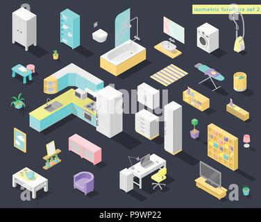 Vector big set of low poly isometric furniture and decoration for home interiors - living room, bath, kithen, laundry and other in pastel colors Stock Vector