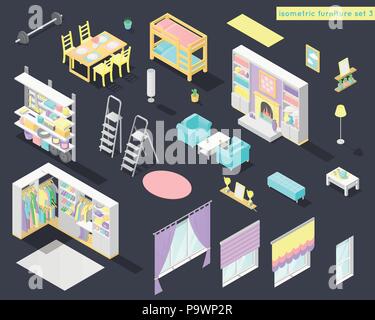 Vector big set of low poly isometric furniture and decoration for home interiors - living room, kids room, garage and other in pastel colors Stock Vector