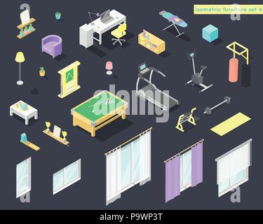 Vector big set of low poly isometric furniture and decoration for home interiors - working room, gym, billiard and other in pastel colors Stock Vector